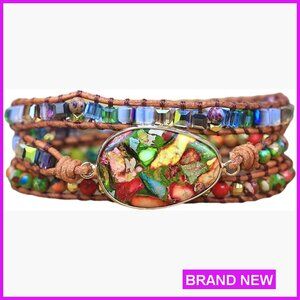 Natural Stone Wrap Bracelet Boho Chic Adjustable Three Strand Beaded Jewelry